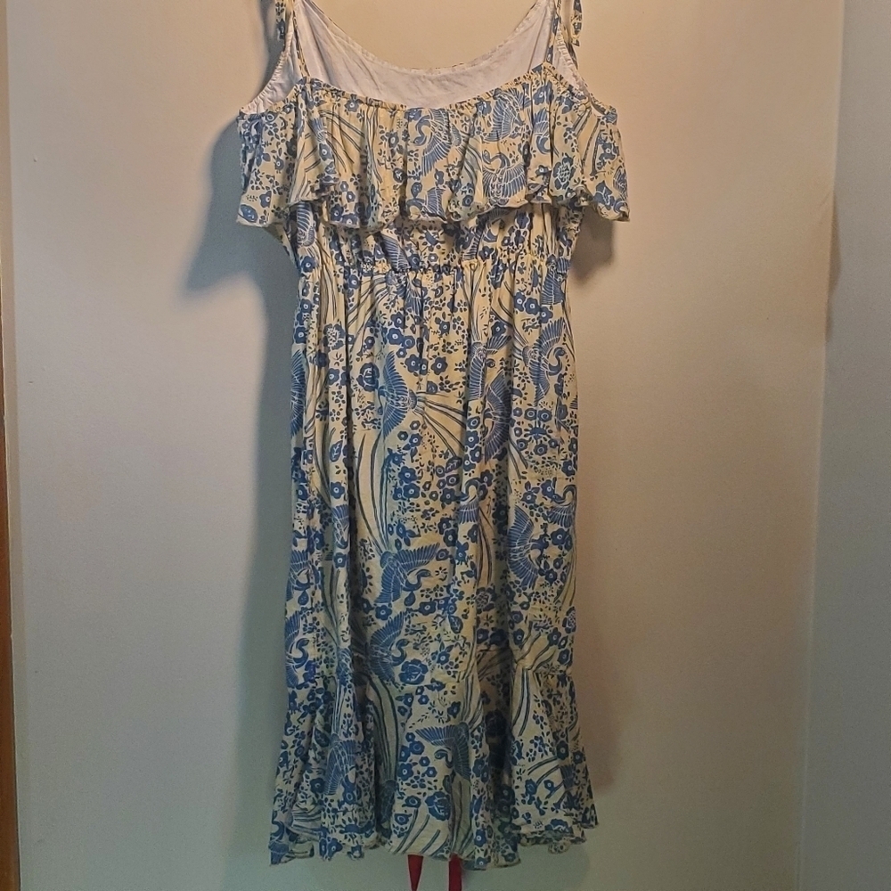 ANTHROPOLOGIE Midi Sundress Flutter Neckline Floral A-Line Ruffle Blue & Cream - Picture 3 of 15
